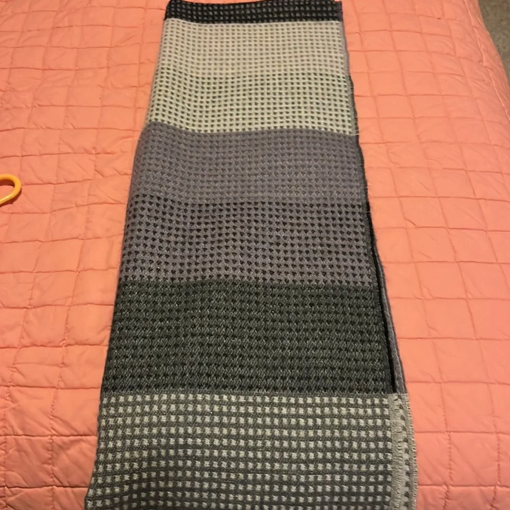 Men’s lightweight winter scarf hundred percent acrylic in grays, black and cream